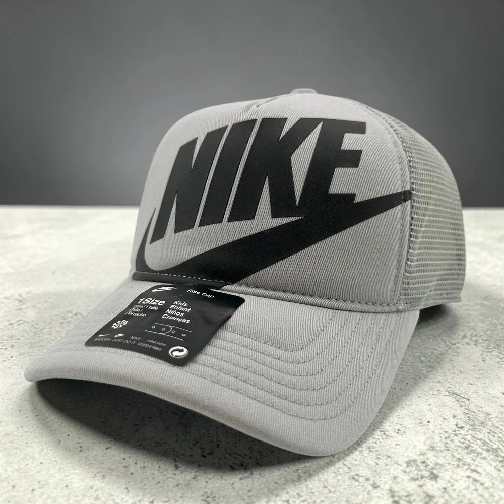 Nike Rise Structured Trucker Hat Youth Kids One Size Snapback Light Grey Cap NEW